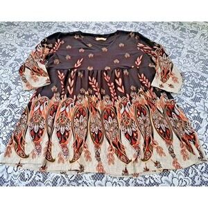La Cera Womens Tunic Top 3X Brown Paisley Print Babydoll Cut 3/4 Sleeve Flowy